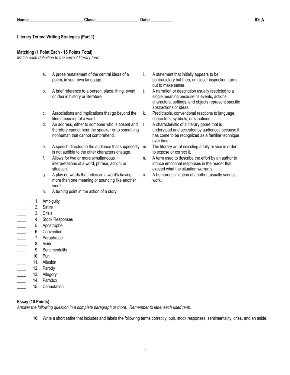 Part 1 test, version A: students match 15 literary terms to definitions, then write a short satire labeling five terms