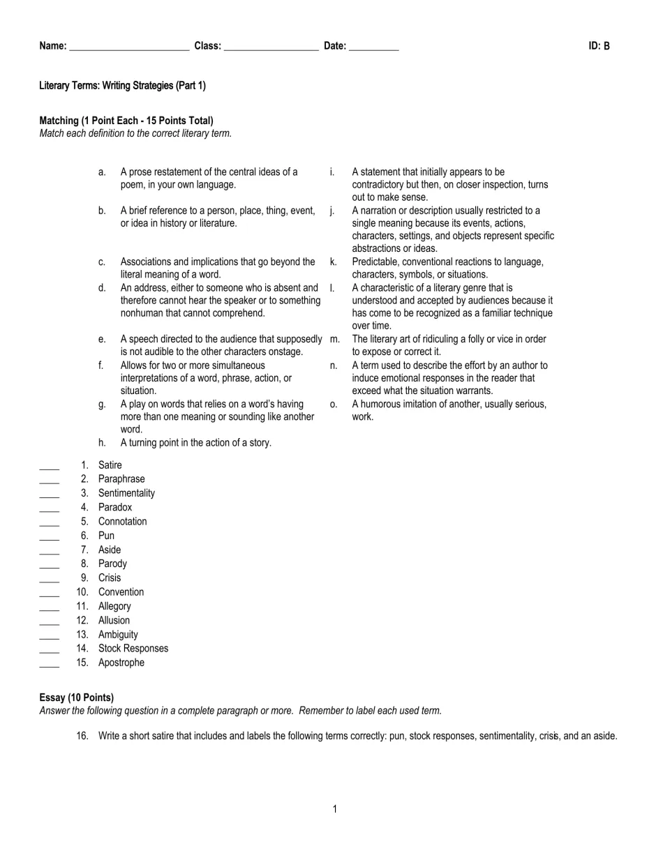 Part 1 test, version B: matching 15 reordered terms, starting with satire, to definitions, plus a labeled satire essay