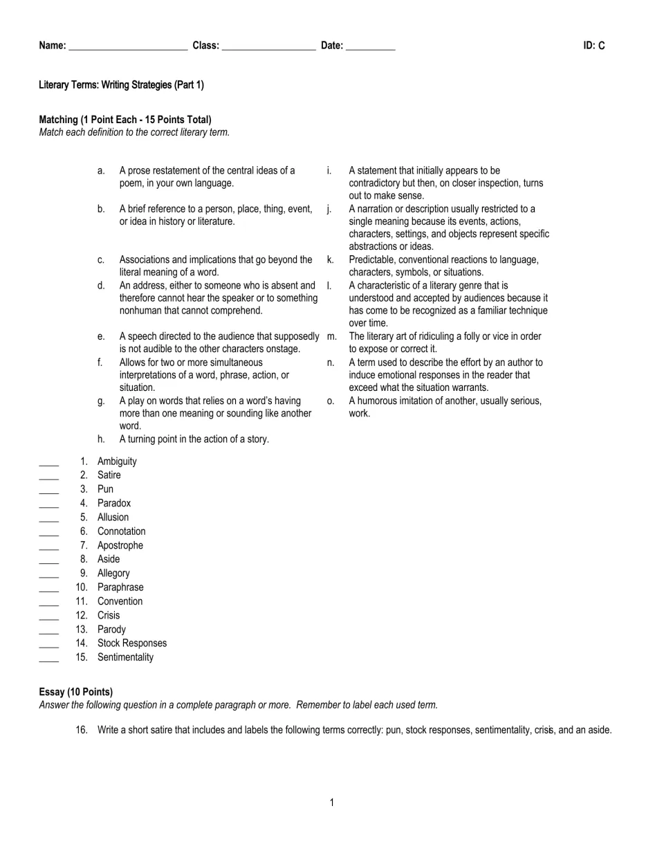 Part 1 test, version C: match terms such as ambiguity, pun and paradox to definitions, then write a satire paragraph