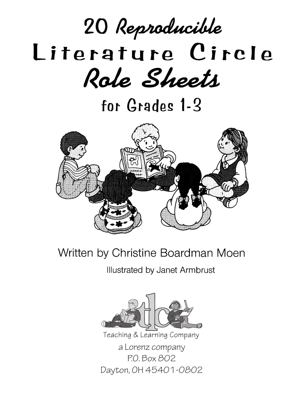 Inside title page by Christine Boardman Moen with a drawing of five children sitting in a circle around an open book
