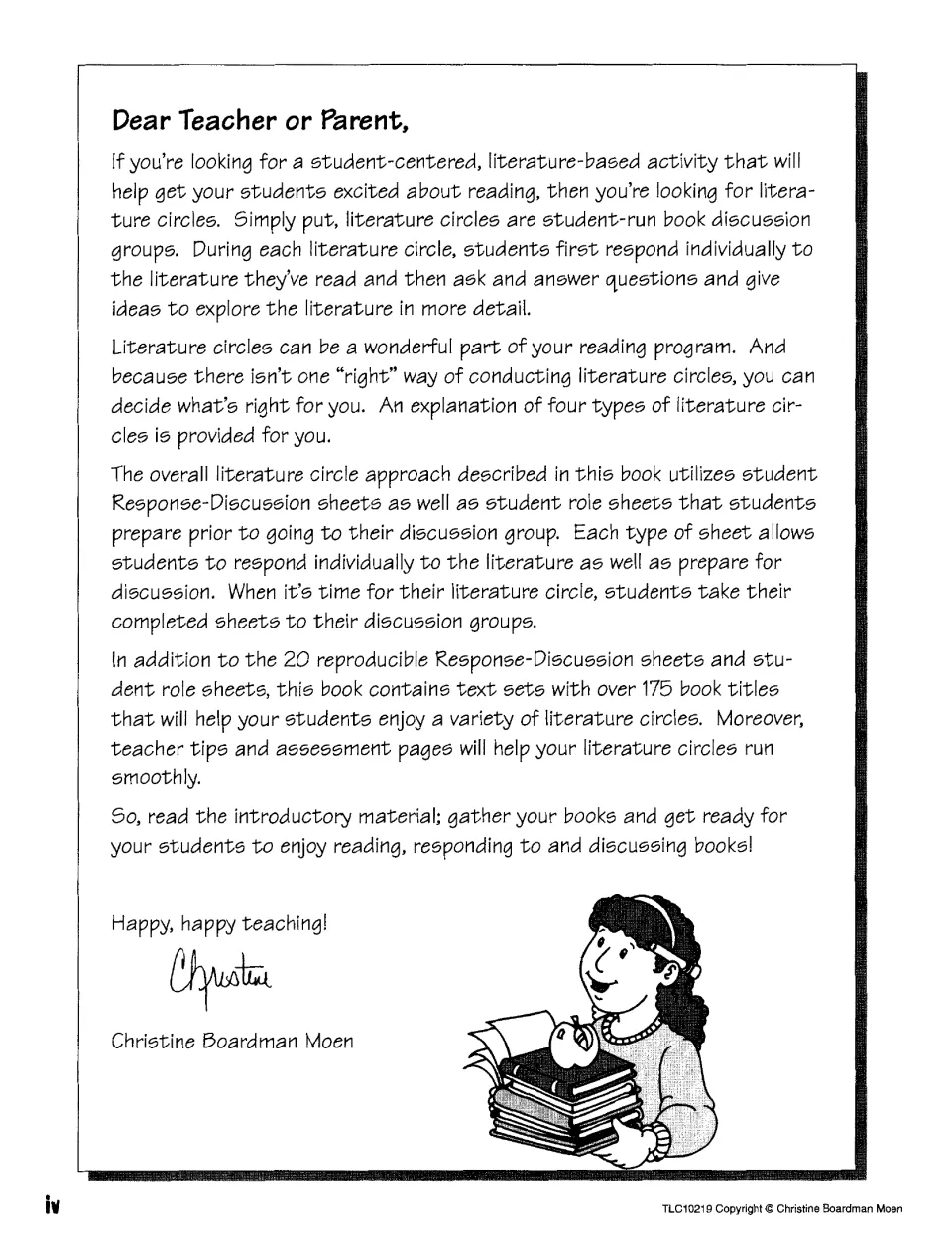 Dear Teacher or Parent letter explaining student-run book discussion groups, role sheets and text sets of 175+ titles