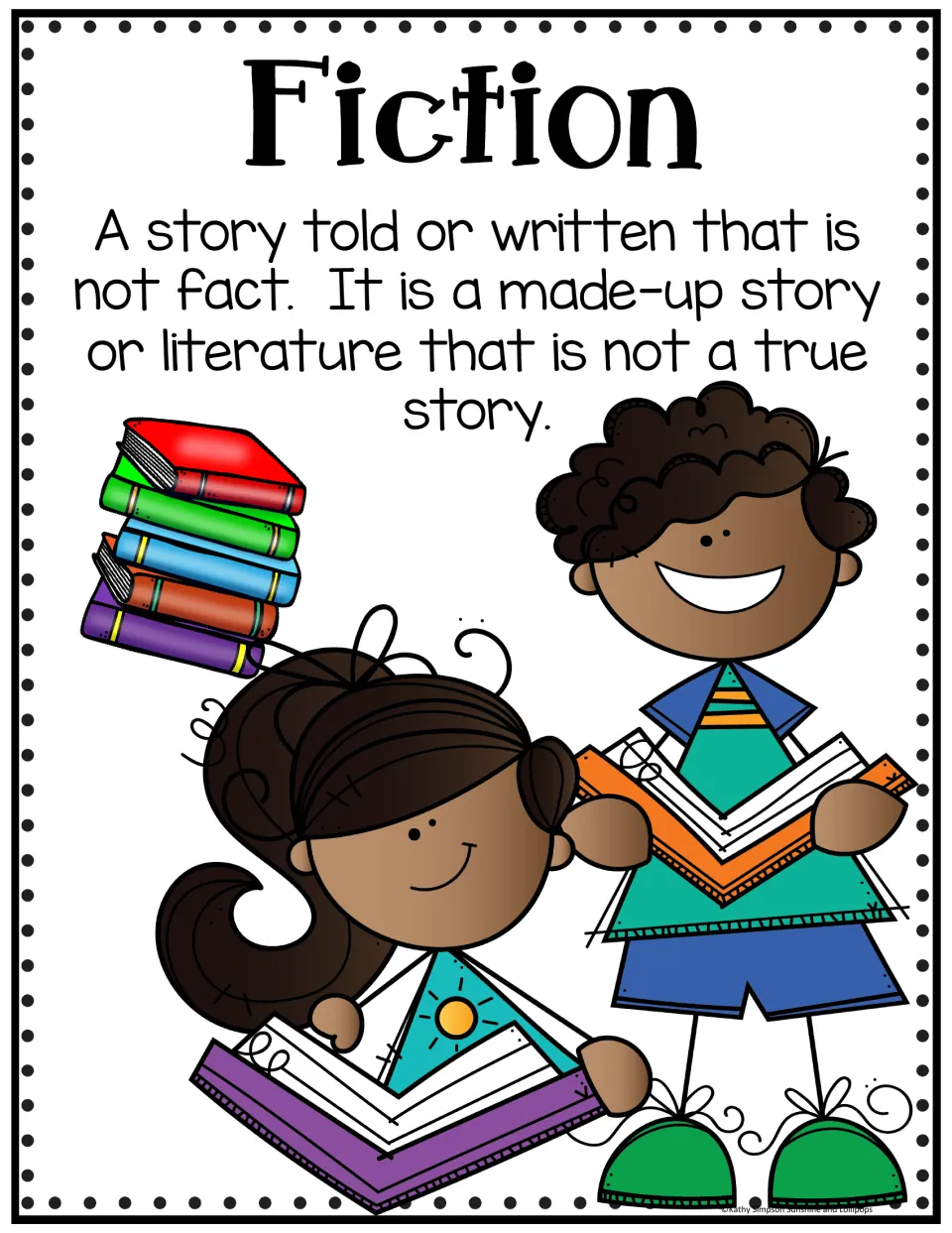 Fiction genre poster defining fiction as a made-up story that is not true, with two children reading books