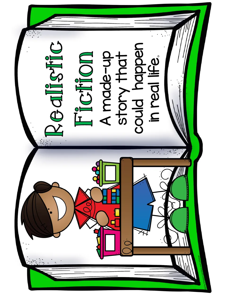 Realistic fiction genre poster: a made-up story that could happen in real life, shown with a boy at a desk