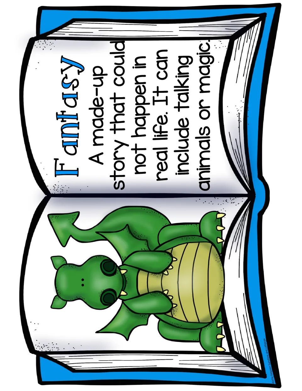 Fantasy genre poster: a made-up story that could not happen, which can include talking animals or magic, with a dragon