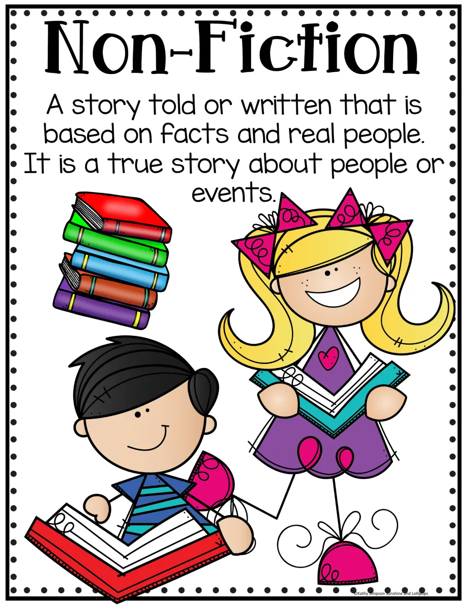 Non-fiction genre poster defining a true story based on facts and real people or events, with two children reading