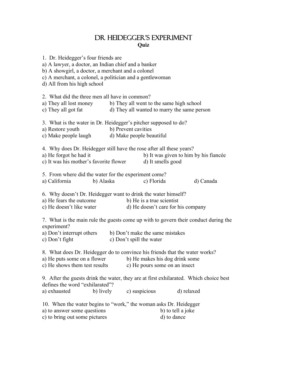 Quiz questions 1–10 cover the four friends, youth-restoring water, the rose, and the experiment's rules.