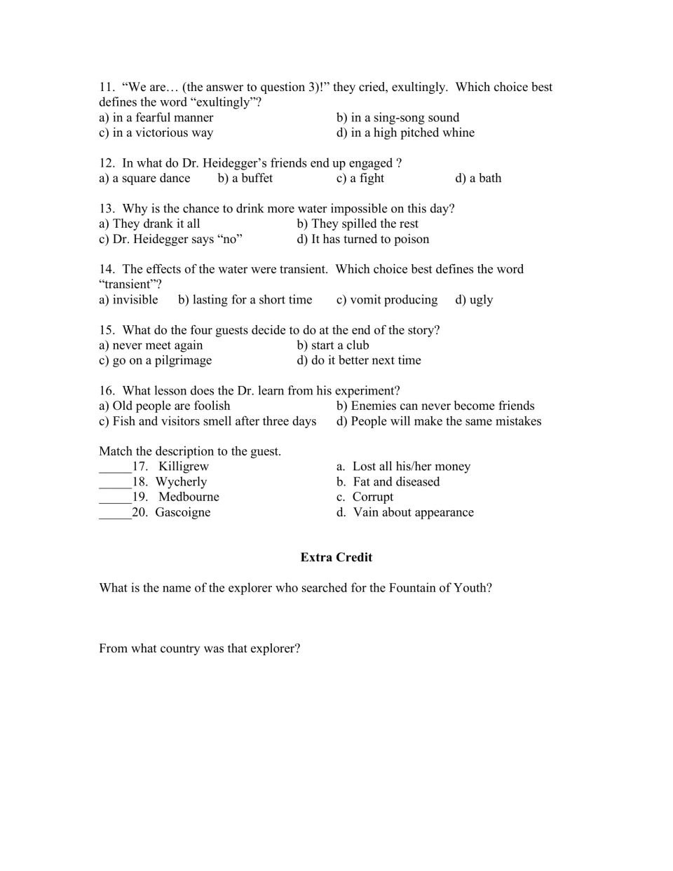 Quiz questions 11–20 cover vocabulary, story events, and character matching, followed by two extra-credit questions.