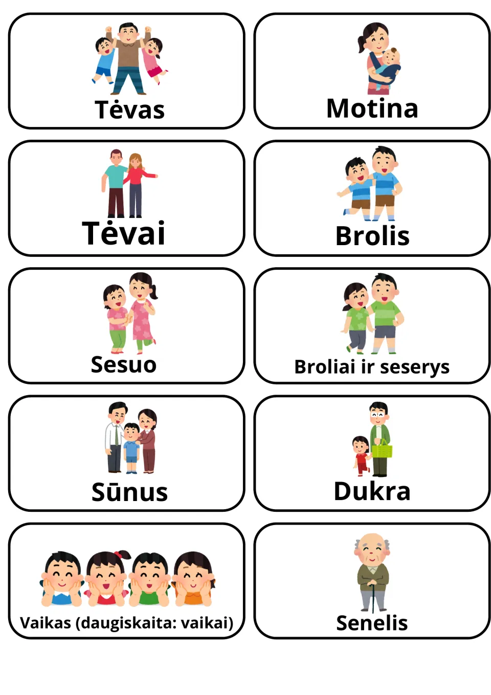 Lithuanian immediate family words: 10 picture cards to learn Tėvas, Motina, Brolis, Sesuo, Sūnus, Dukra and Senelis