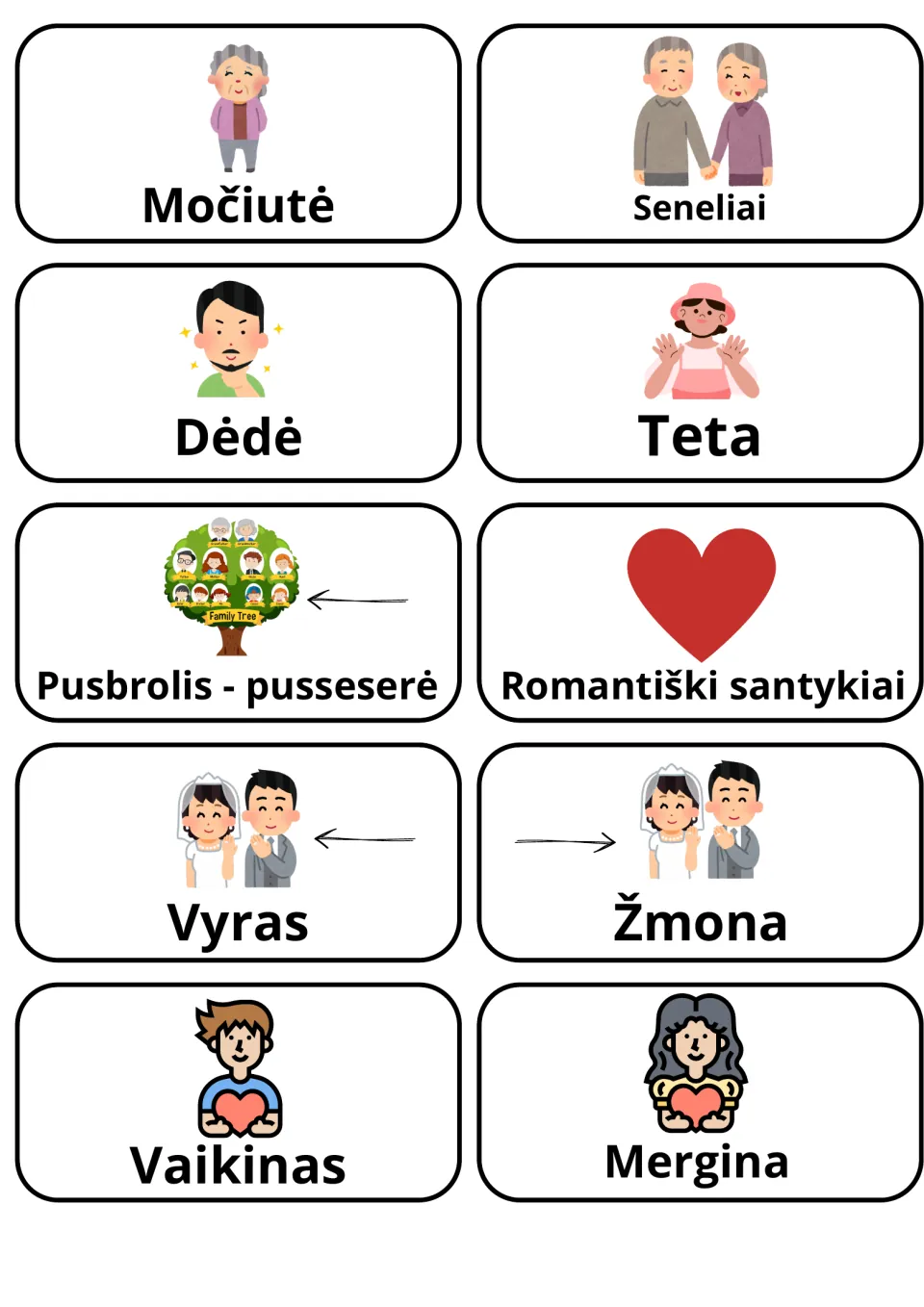 Extended family and couples in Lithuanian: 10 picture cards naming Močiutė, Dėdė, Teta, Vyras, Žmona, Vaikinas, Mergina