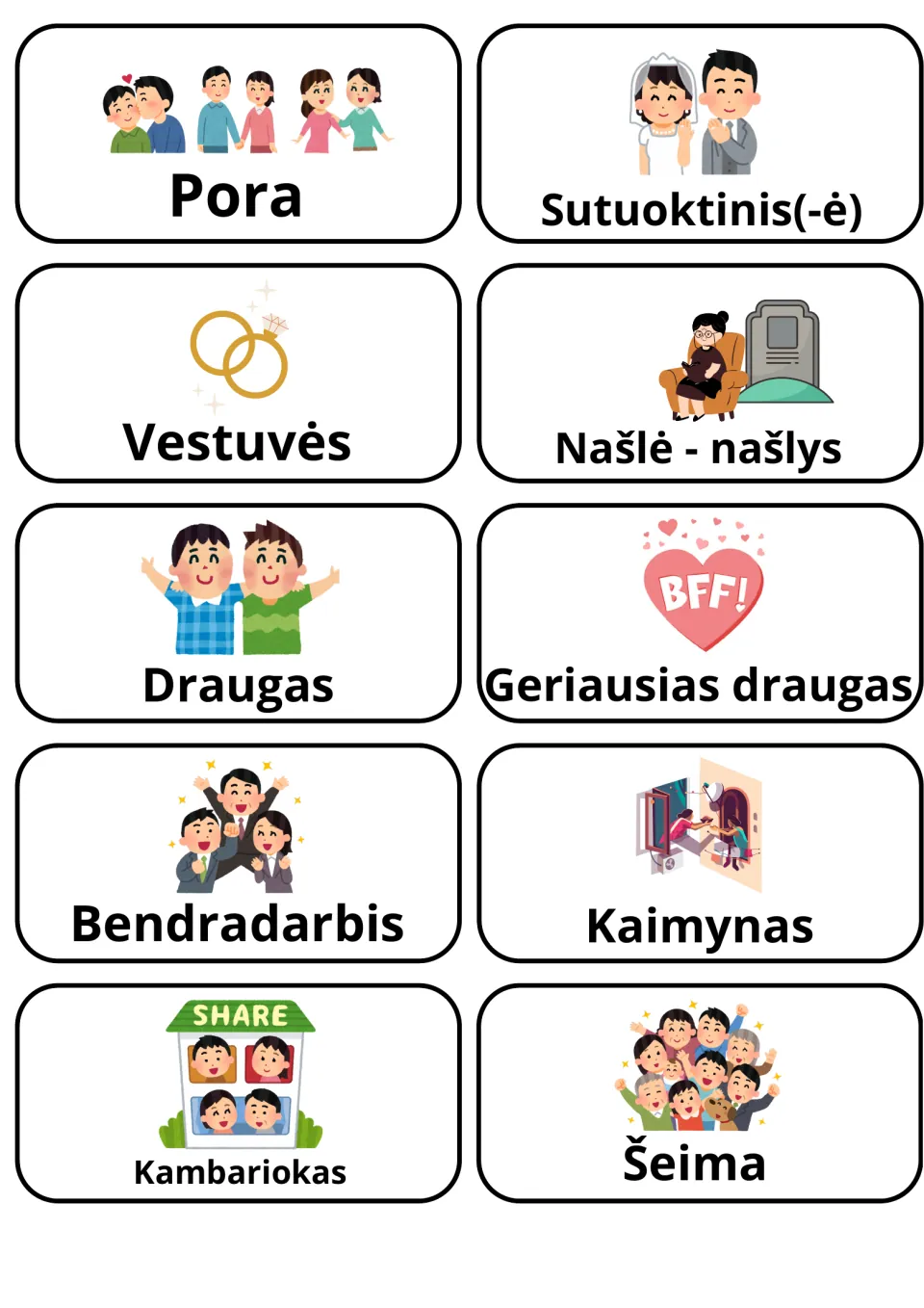 Lithuanian words for marriage, friends and neighbors: 10 picture cards from Pora and Vestuvės to Draugas, Kaimynas, Šeima