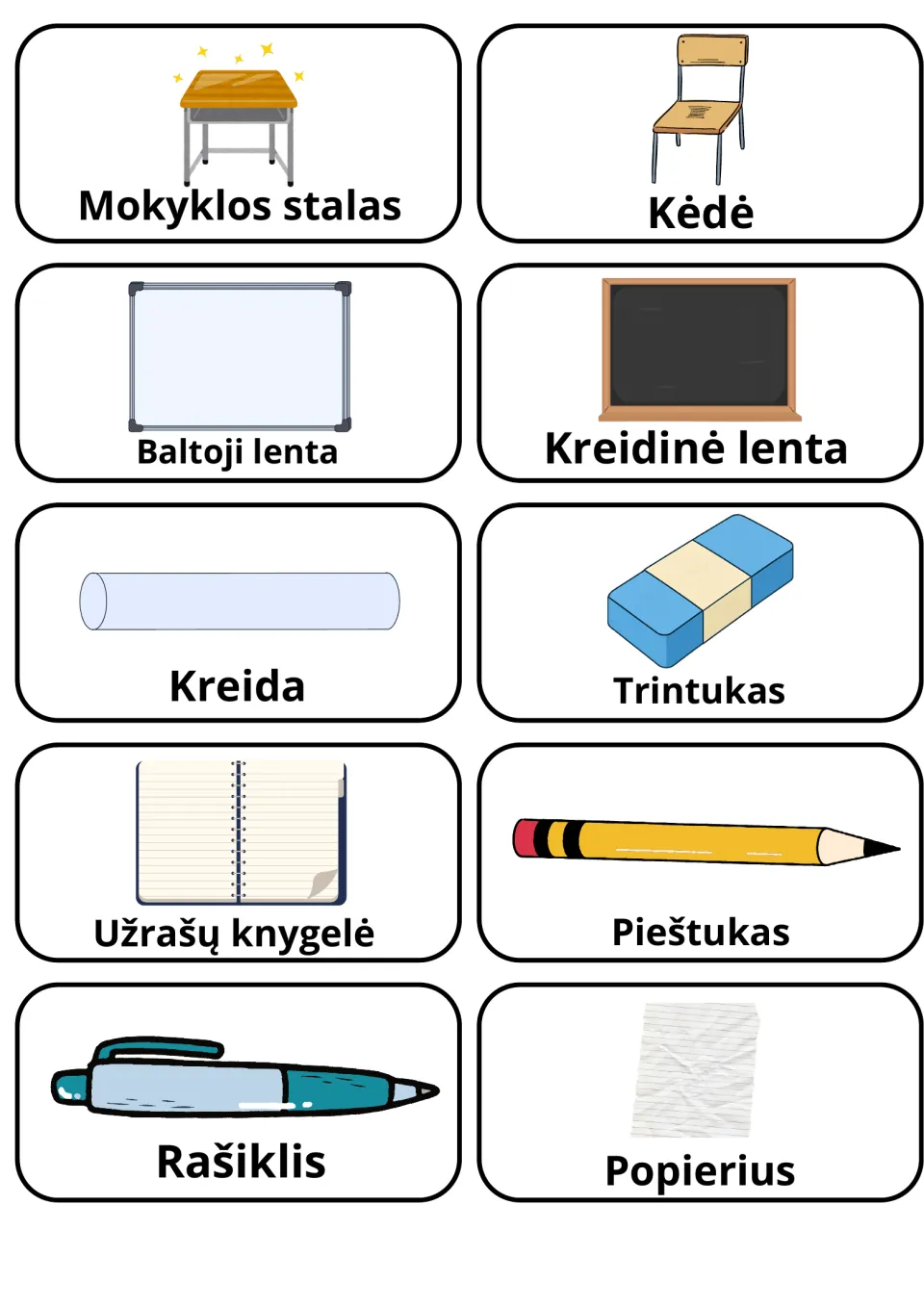 Lithuanian classroom objects: 10 picture cards labeling desk, chair, whiteboard, chalk, eraser, pencil, pen and paper