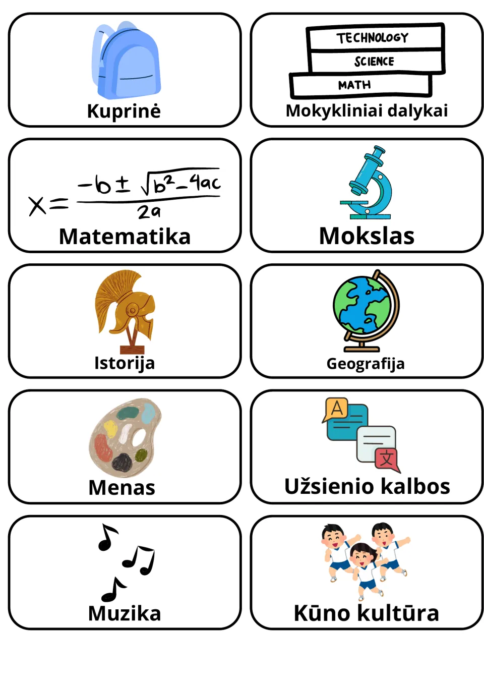 Lithuanian school subjects: 10 picture cards for backpack, math, science, history, geography, art, music and P.E.