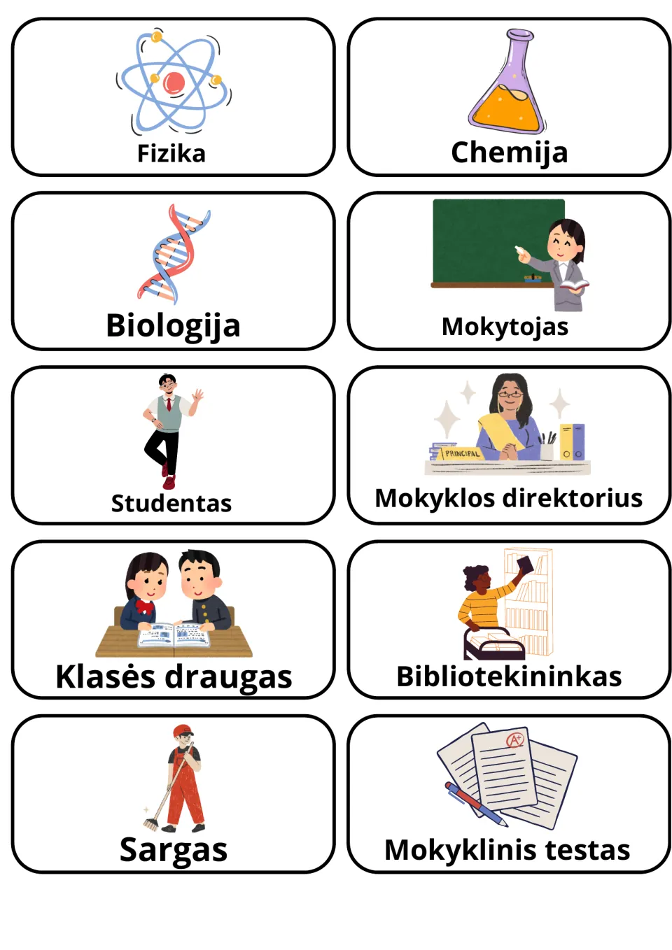 Lithuanian school people and sciences: 10 cards naming physics, chemistry, teacher, principal, librarian and janitor