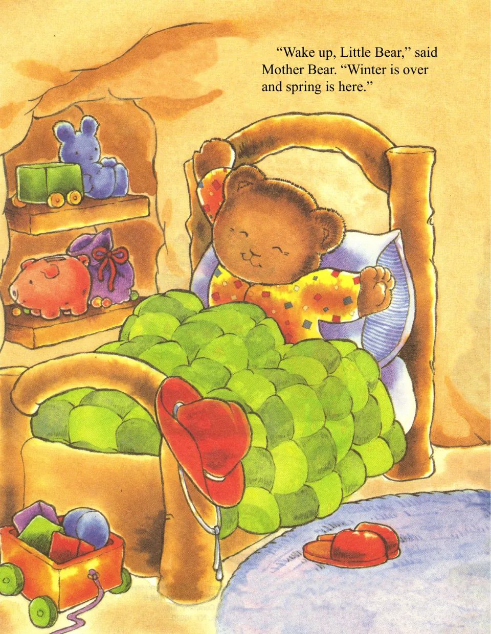 Story opening: Mother Bear tells Little Bear to wake up because winter is over; he stretches in bed under a green quilt