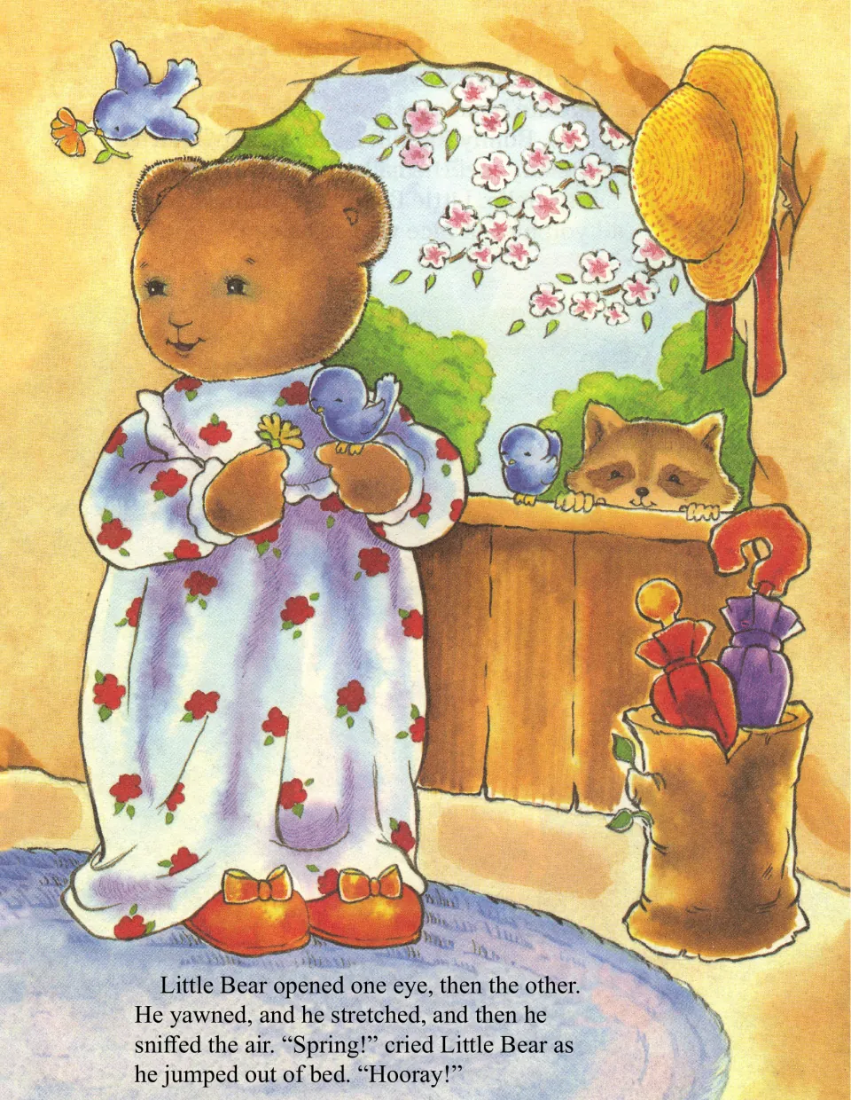 Little Bear wakes, sniffs the air and cries "Spring!" in his nightgown as bluebirds and a raccoon peek in the window