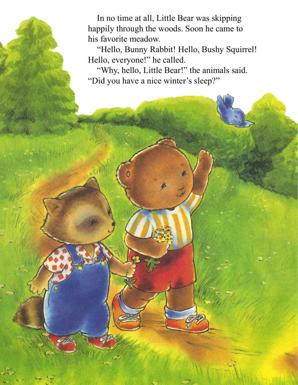 Little Bear walks a meadow path with a raccoon, waving hello as the animals ask about his winter's sleep