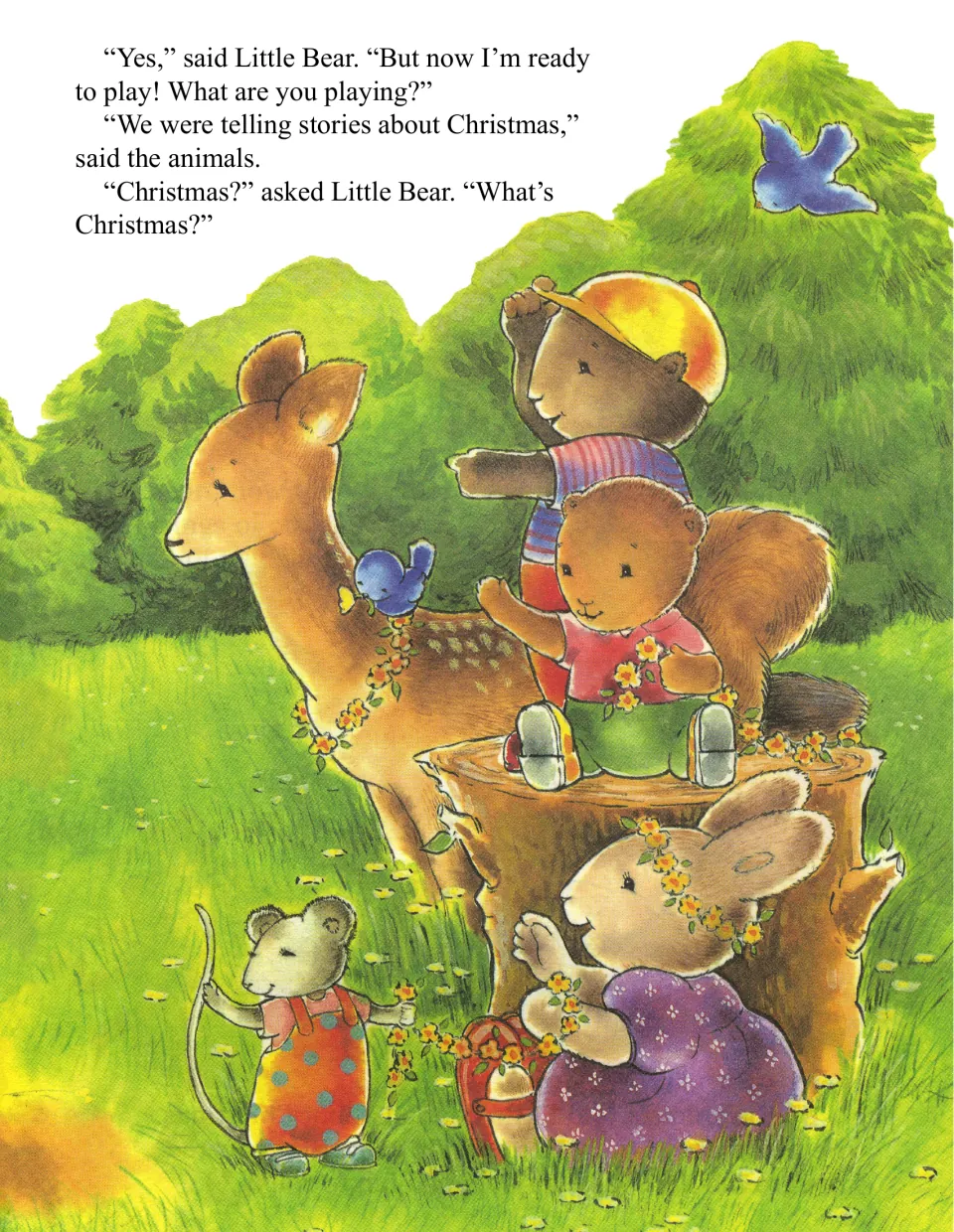 Little Bear asks "What's Christmas?" as a deer, squirrel, rabbit and mouse make flower chains and tell Christmas stories