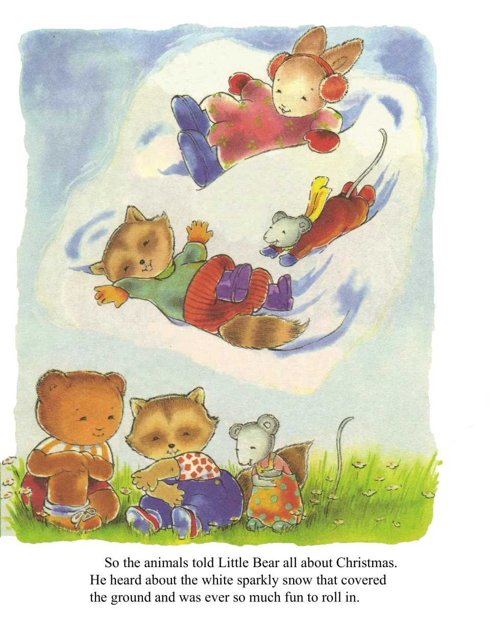 The animals describe sparkly snow to Little Bear; a thought cloud shows a rabbit, raccoon and mouse rolling in snow