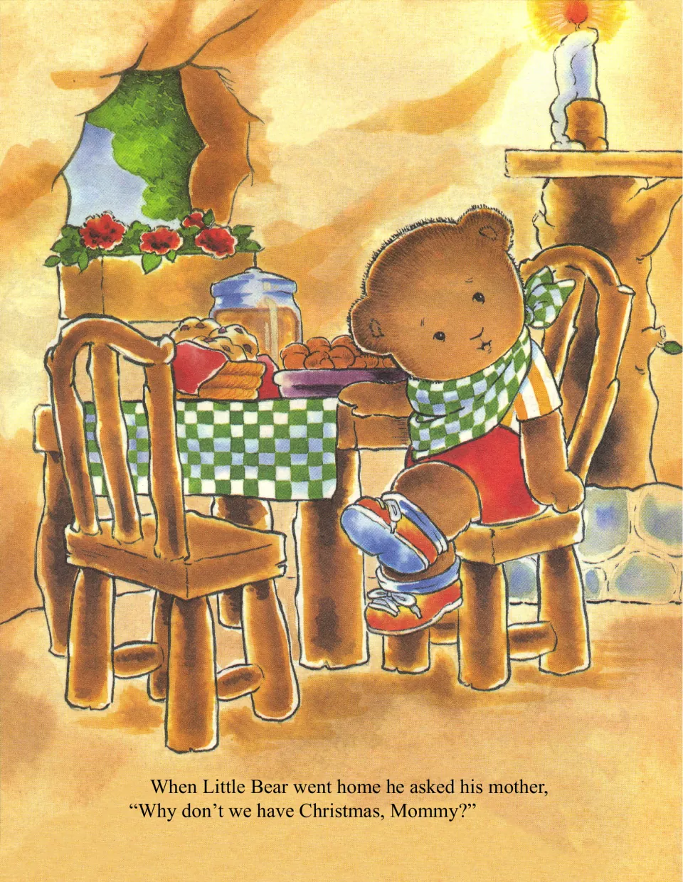 Back home at the table, Little Bear asks his mother, "Why don't we have Christmas, Mommy?"