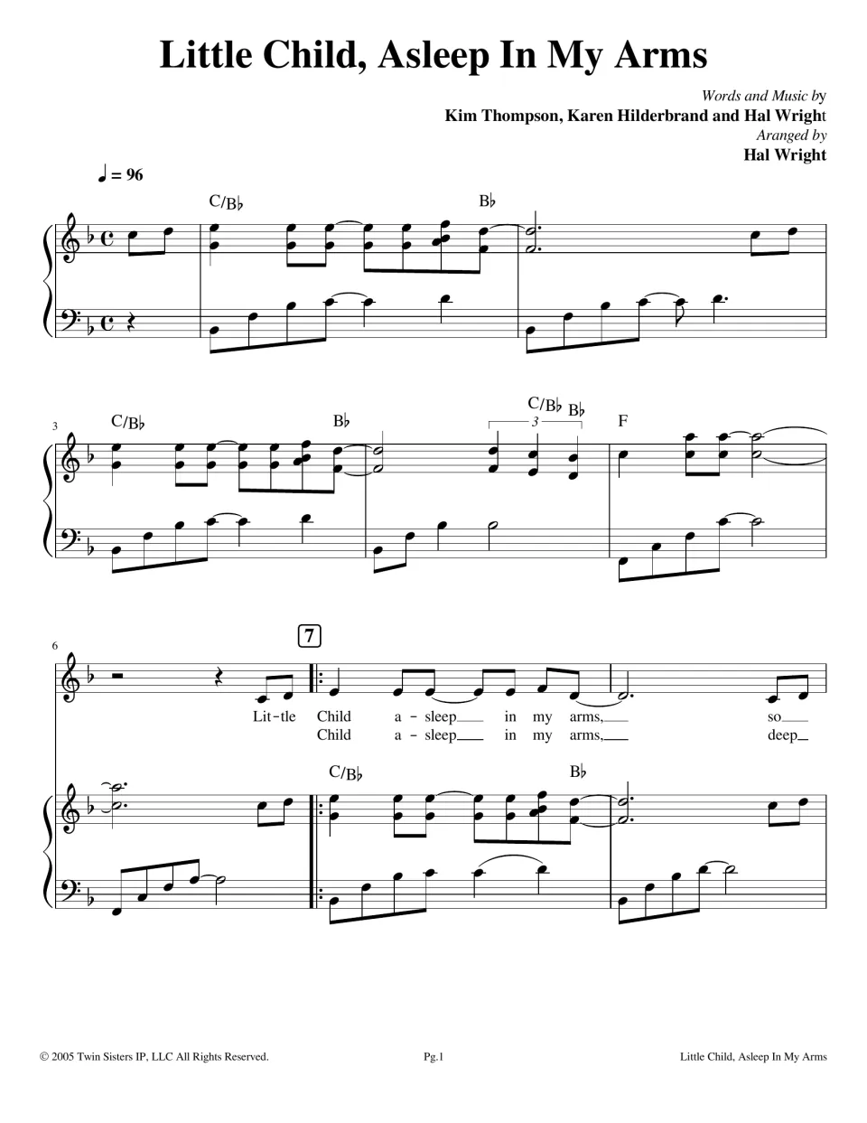 Little Child, Asleep In My Arms score, bars 1-8: piano intro at quarter = 96, then the vocal line enters with lyrics