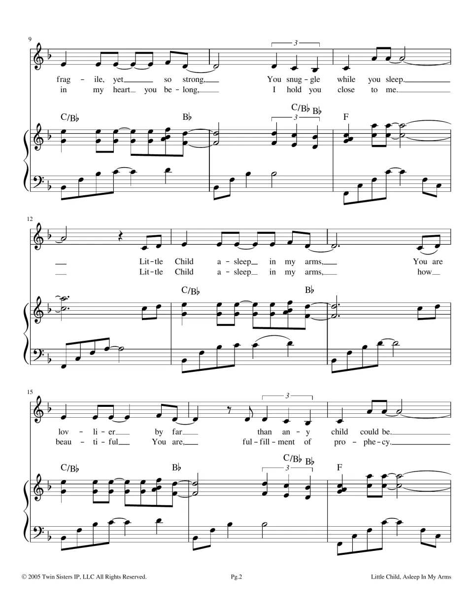 Vocal and piano score, bars 9-17: two verses of lyrics such as "in my heart you belong" over C/Bb, Bb and F chords