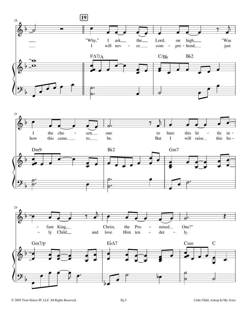 Song bridge, bars 18-26: lyrics "Why," I ask the Lord, "Was I the chosen one" over FΔ7/A, Dm9 and Gm7 chords