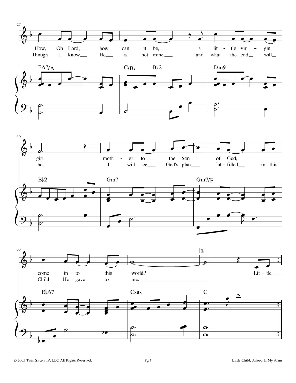 Score bars 27-35: bridge continues with "How, Oh Lord, how can it be" and ends at a first ending and repeat sign