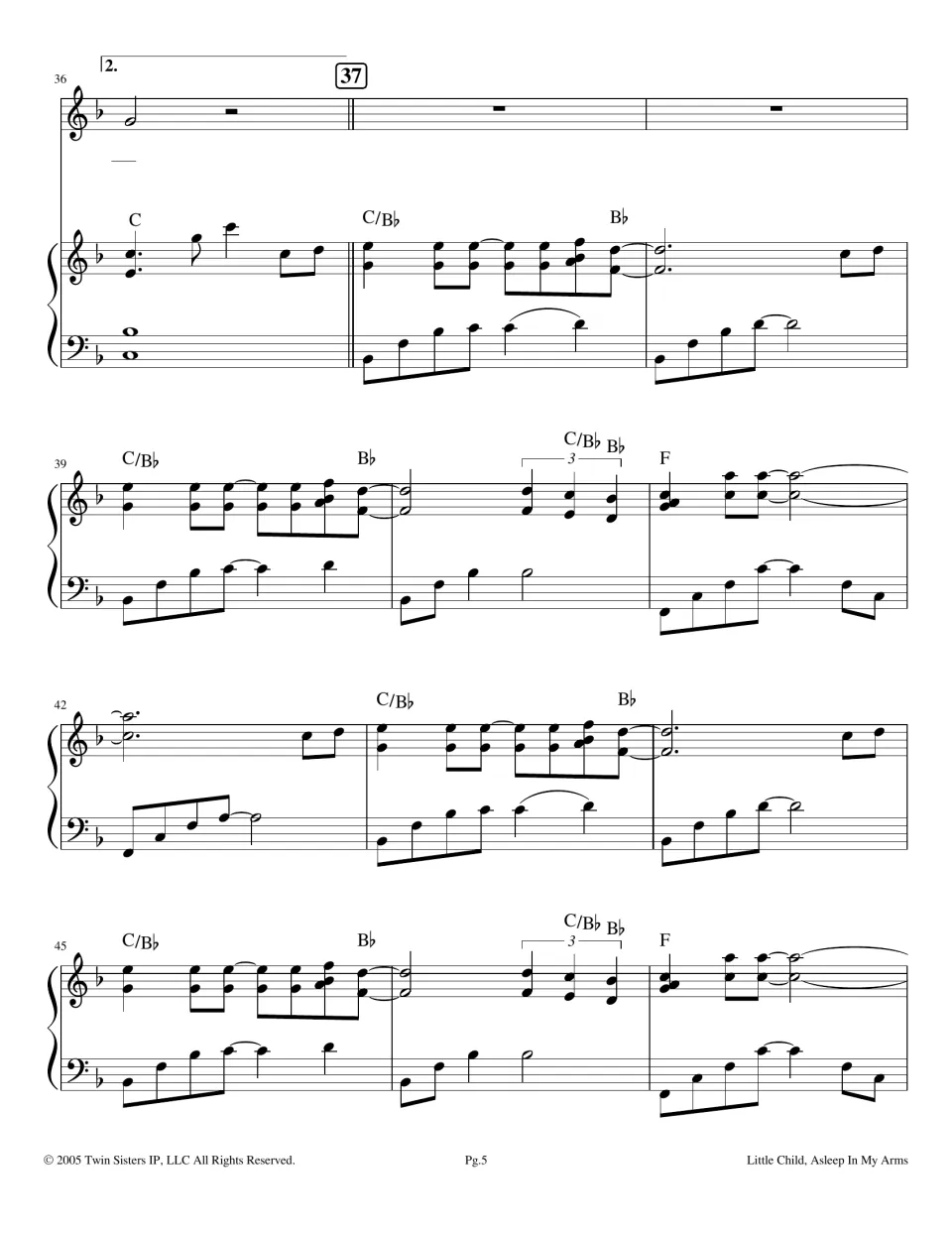 Piano interlude, bars 36-47: second ending leads to rehearsal mark 37, with voice resting over C/Bb, Bb and F chords