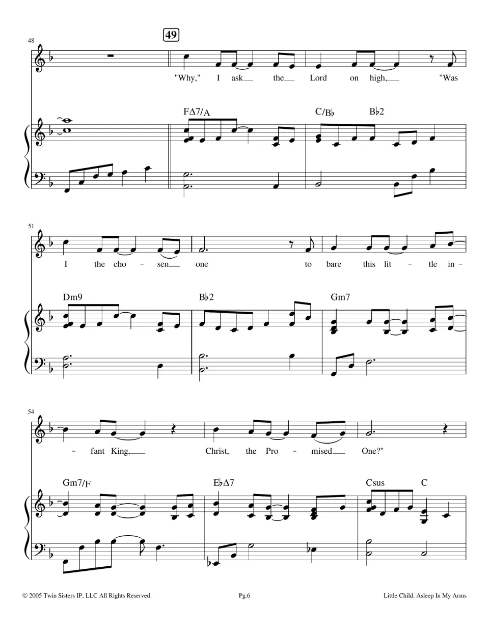 Return of the bridge, bars 48-56: single lyric line from "Why," I ask the Lord to "Christ, the Promised One?"