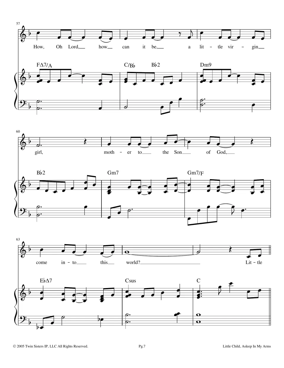 Score bars 57-65: final bridge phrase "How, Oh Lord, how can it be... come into this world?" with Gm7 and EbΔ7 chords