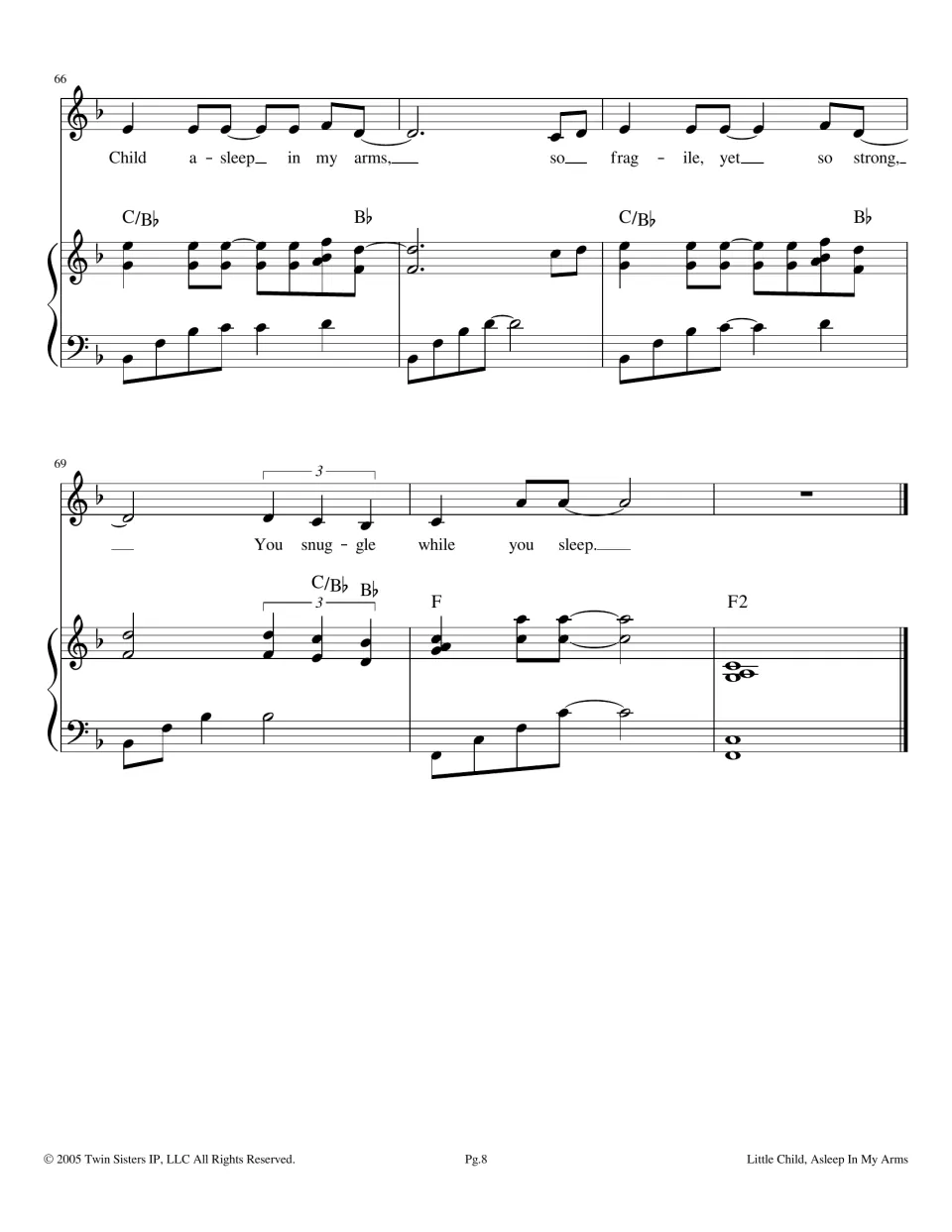 Closing bars 66-71: chorus lines "so fragile, yet so strong" and "You snuggle while you sleep" ending on an F2 chord