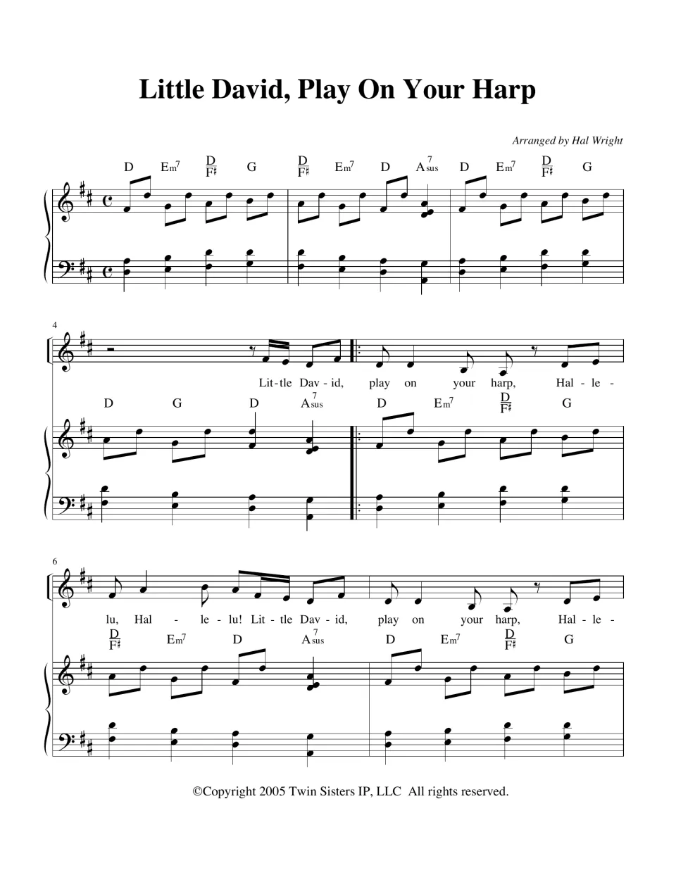 Little David, Play On Your Harp score, mm. 1-7: piano intro, melody in D with lyrics and chords, arranged by Hal Wright
