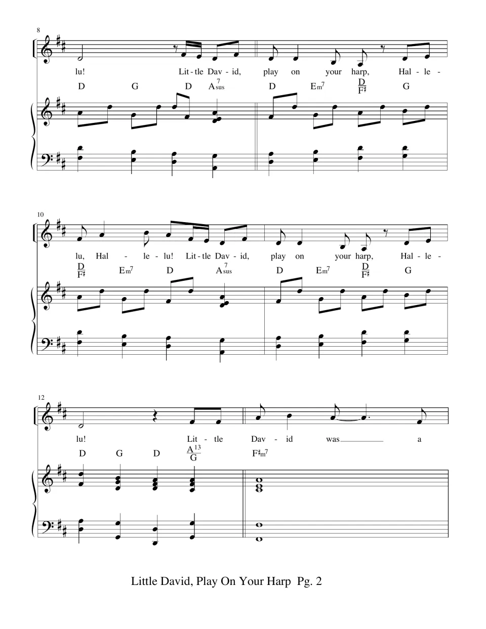 Vocal and piano score, measures 8-13: repeated 'Hallelu!' refrain with chords, then the verse begins 'Little David was a'