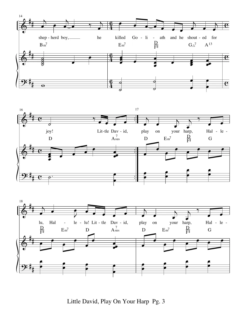 Verse score, measures 14-19: 'shepherd boy, he killed Goliath and he shouted for joy!' with a 6/4 bar, then the refrain