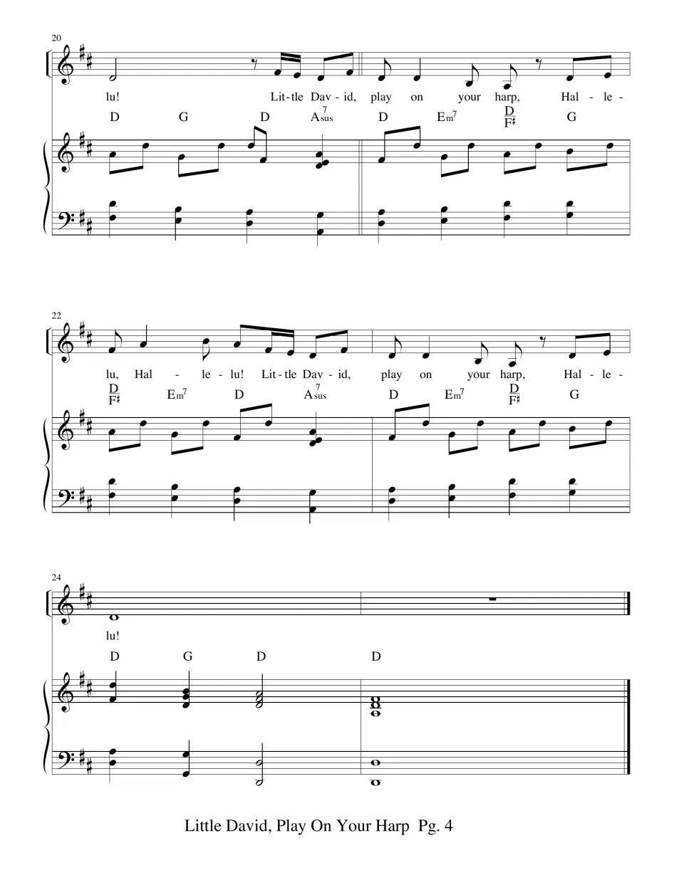 Final score page, measures 20-25: two more harp refrains ending 'Hallelu!' and closing D major chords in the piano