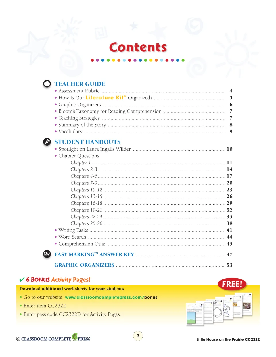 Contents lists the teacher guide, chapter questions, writing tasks, quiz, answer key, and graphic organizers