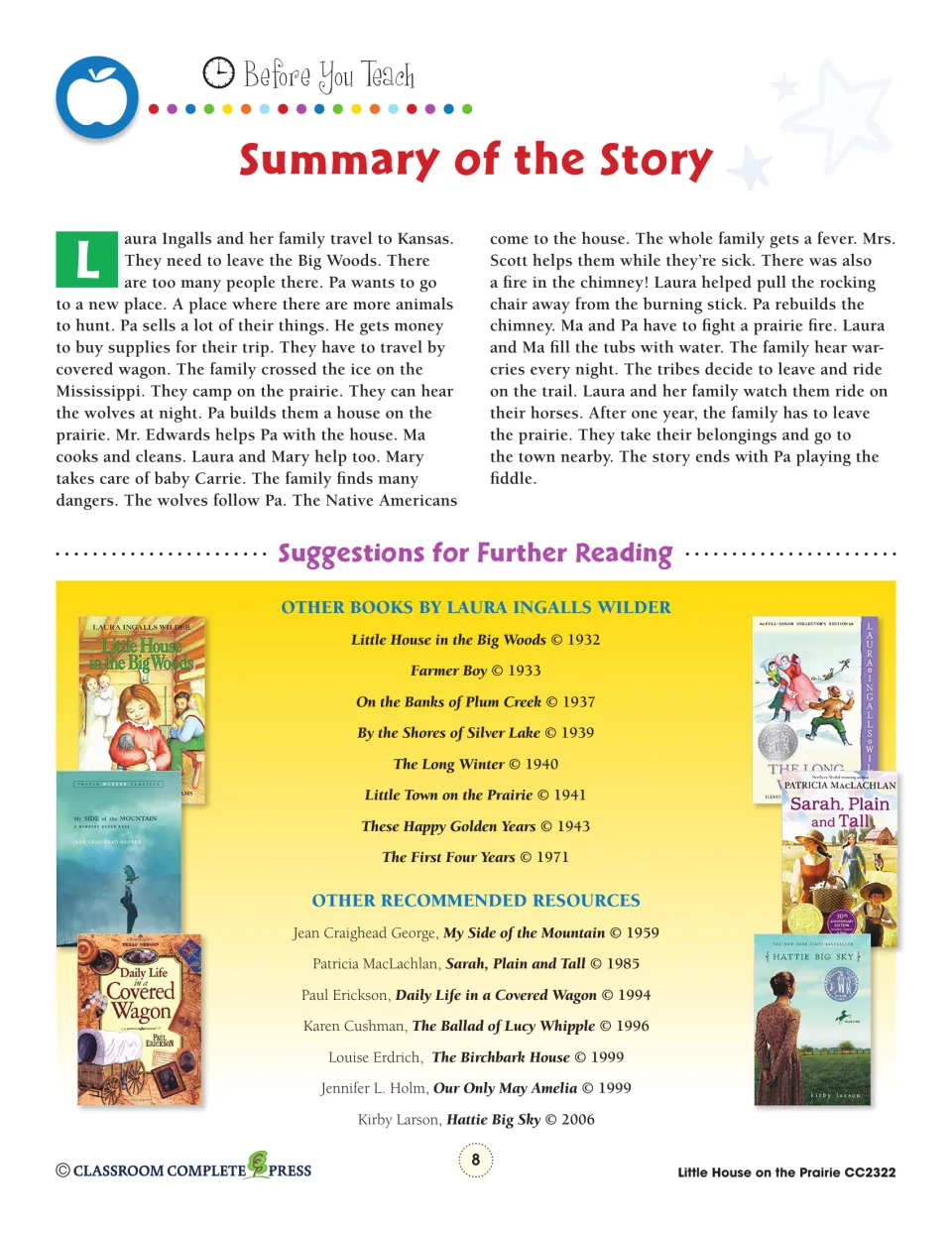 Teacher story summary follows the Ingalls family’s move to Kansas, prairie hardships, and eventual departure