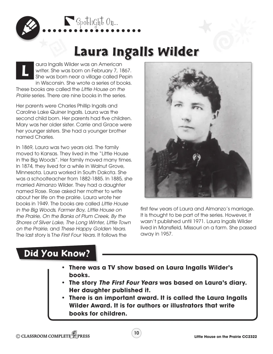 Author spotlight introduces Laura Ingalls Wilder through a portrait and biography of her family and writing