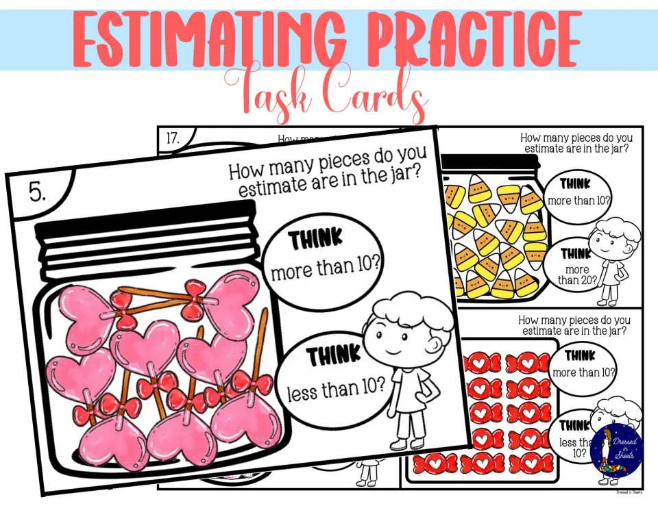 Estimating Practice Task Cards cover showing sample candy jar cards that ask more than 10 or less than 10 pieces