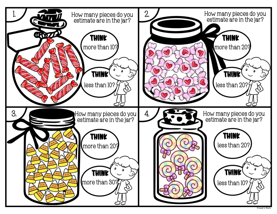 Estimation cards 1-4: students estimate peppermints, heart candies, candy corn and lollipops against 10, 20 or 30