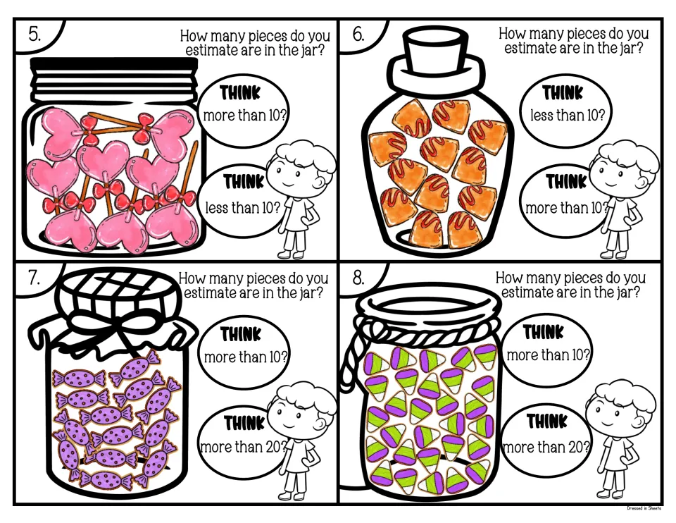 Estimation cards 5-8: students guess how many heart lollipops, orange candies, purple sweets and candy corn fill each jar