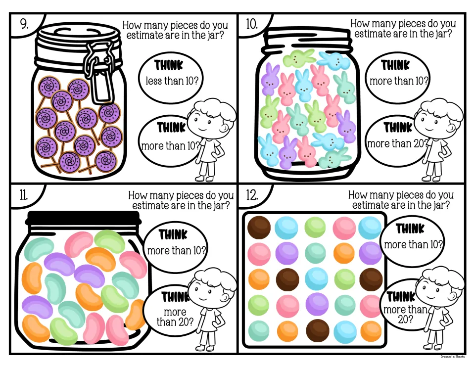 Estimating cards 9-12: students judge if lollipops, bunny marshmallows, jelly beans and gumballs are more than 10 or 20