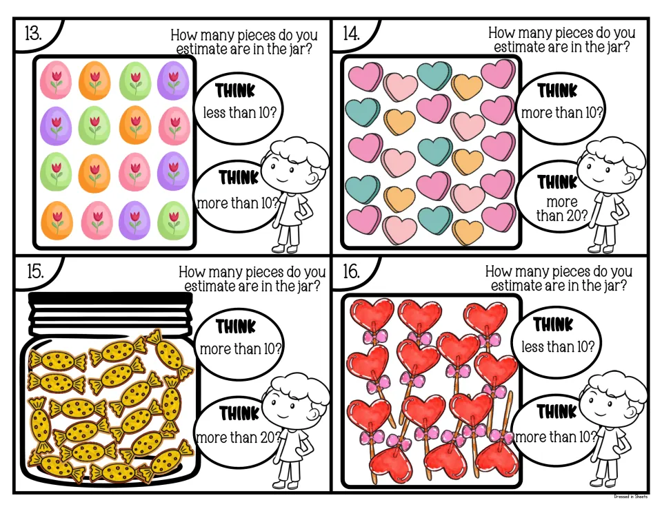 Estimating cards 13-16: students estimate tulip eggs, candy hearts, yellow candies and heart lollipops against 10 or 20