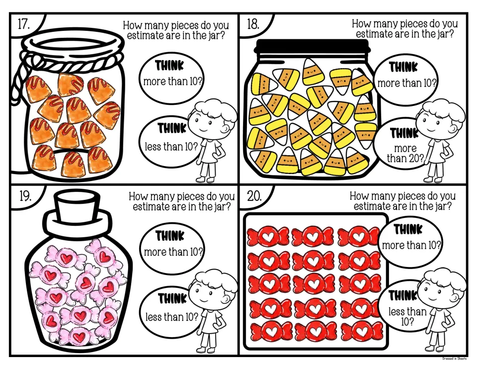 Estimating cards 17-20: students size up orange candies, candy corn and pink and red heart candies against 10 or 20