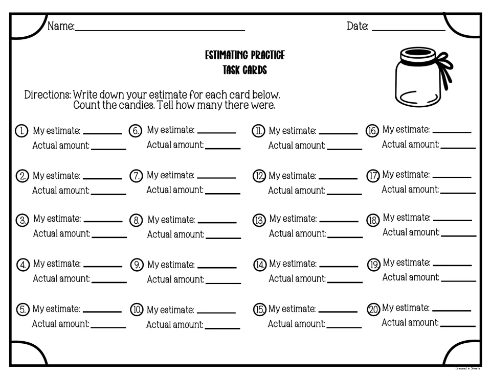 Estimation recording sheet: students write an estimate for all 20 cards, count the candies and record the actual amount