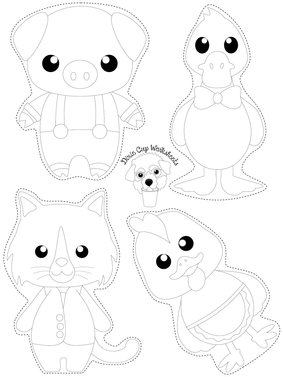 Story character puppets to color and cut out: a pig, a duck, a cat and a hen in an apron, each with a dashed cutting line