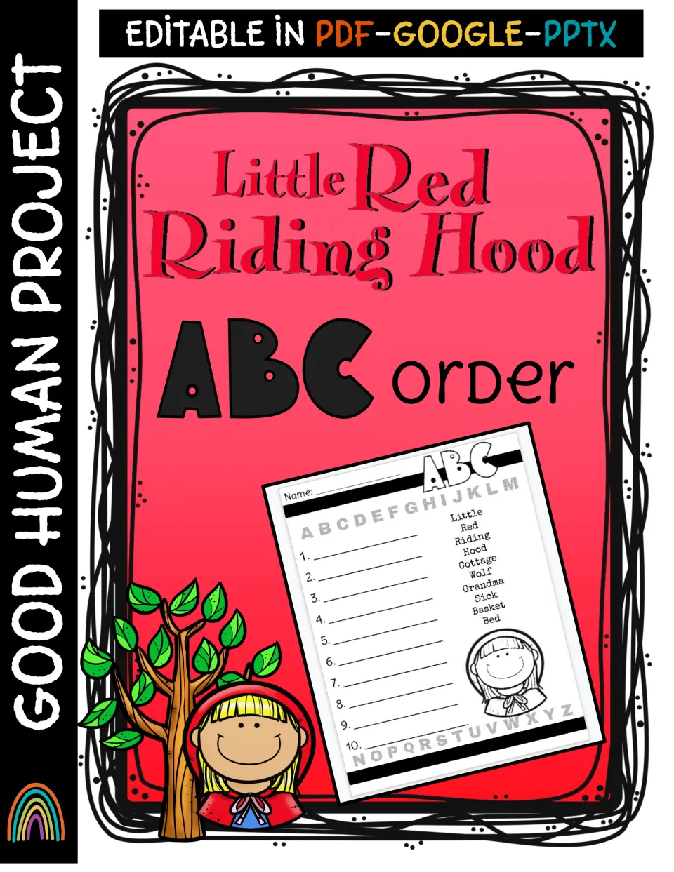 Little Red Riding Hood ABC order cover, editable in PDF, Google and PPTX, previewing a 10-word alphabetizing sheet