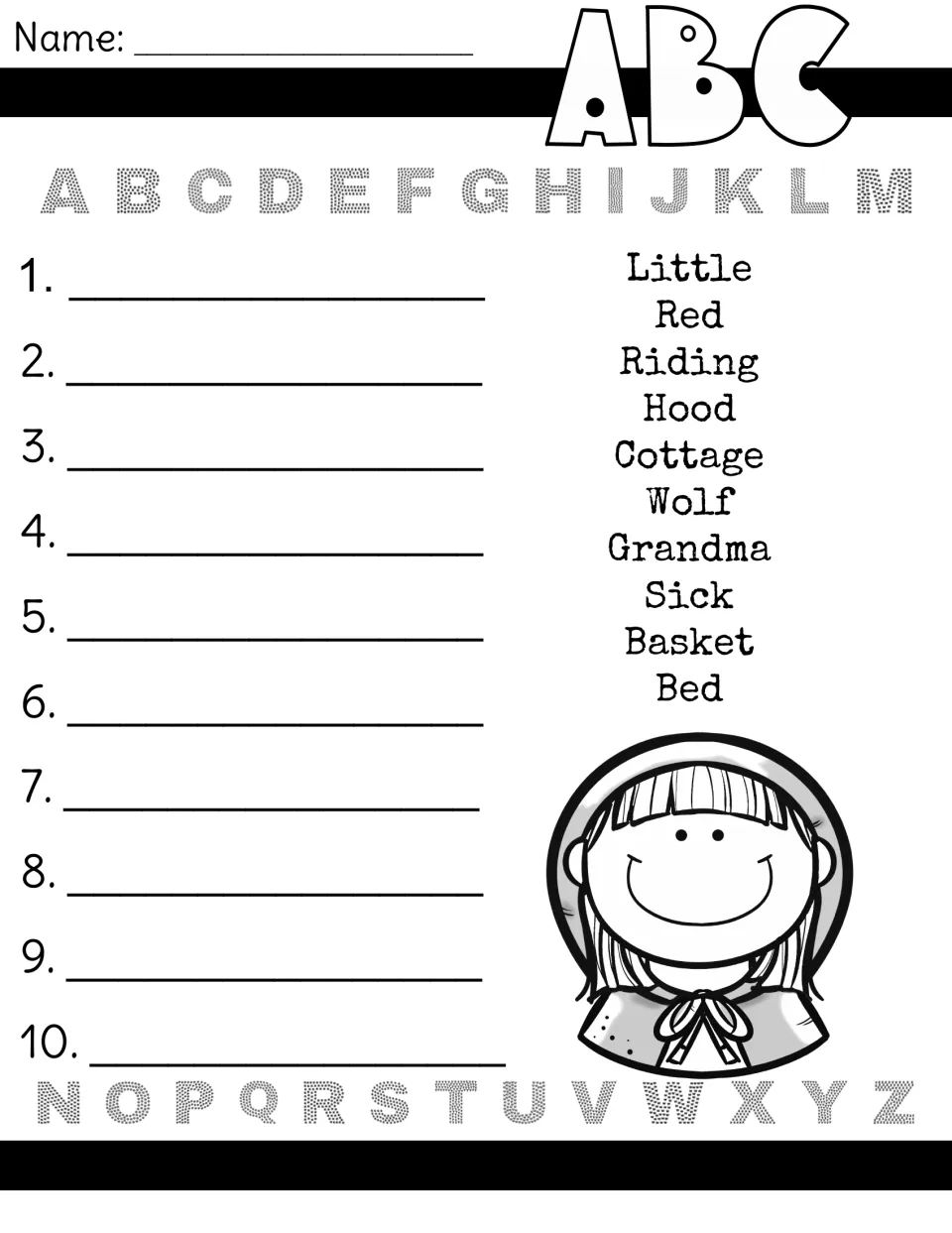 Alphabetical order: students sort 10 story words such as Wolf, Grandma, Cottage and Basket and write them in order 1 to 10