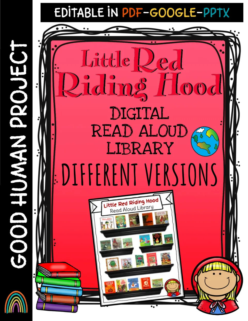Cover for a digital read aloud library of different Little Red Riding Hood versions, editable in PDF, Google and PPTX