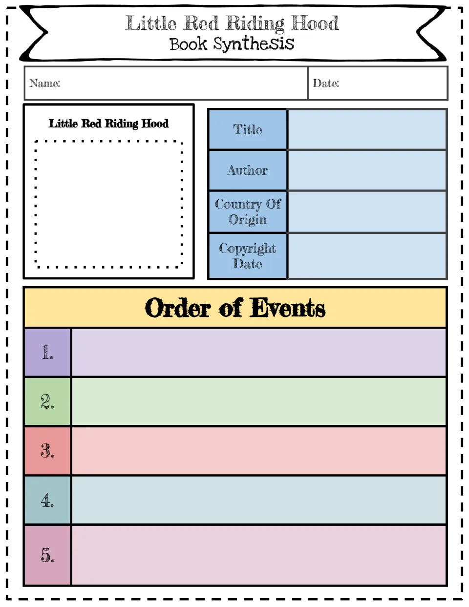 Book synthesis sheet: students draw a picture, record title, author, country of origin and date, then sequence 5 events